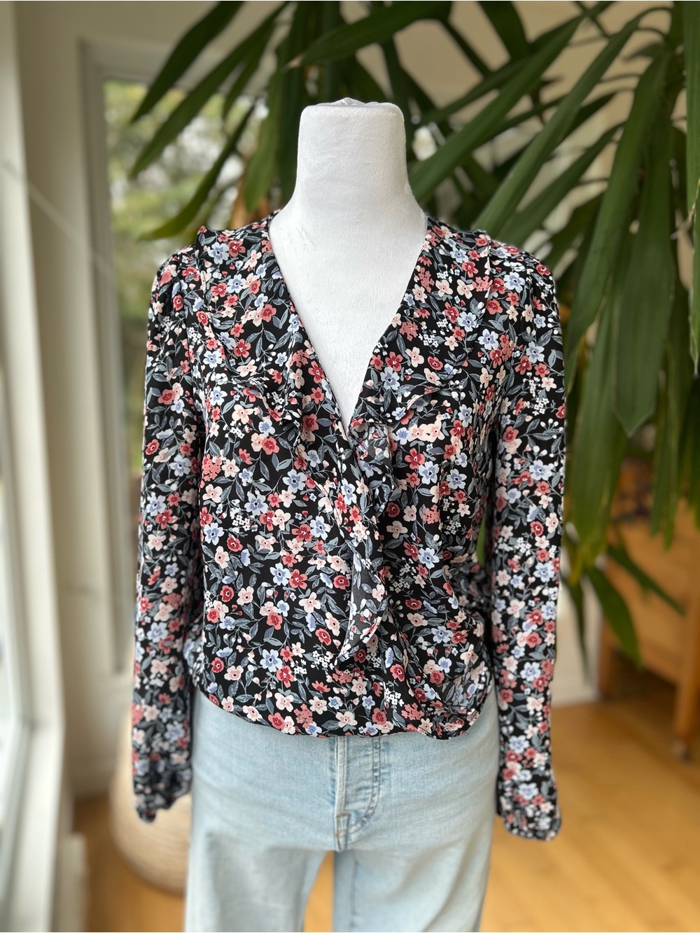 Dynamite Black Floral Wrap Blouse with Pink Accents